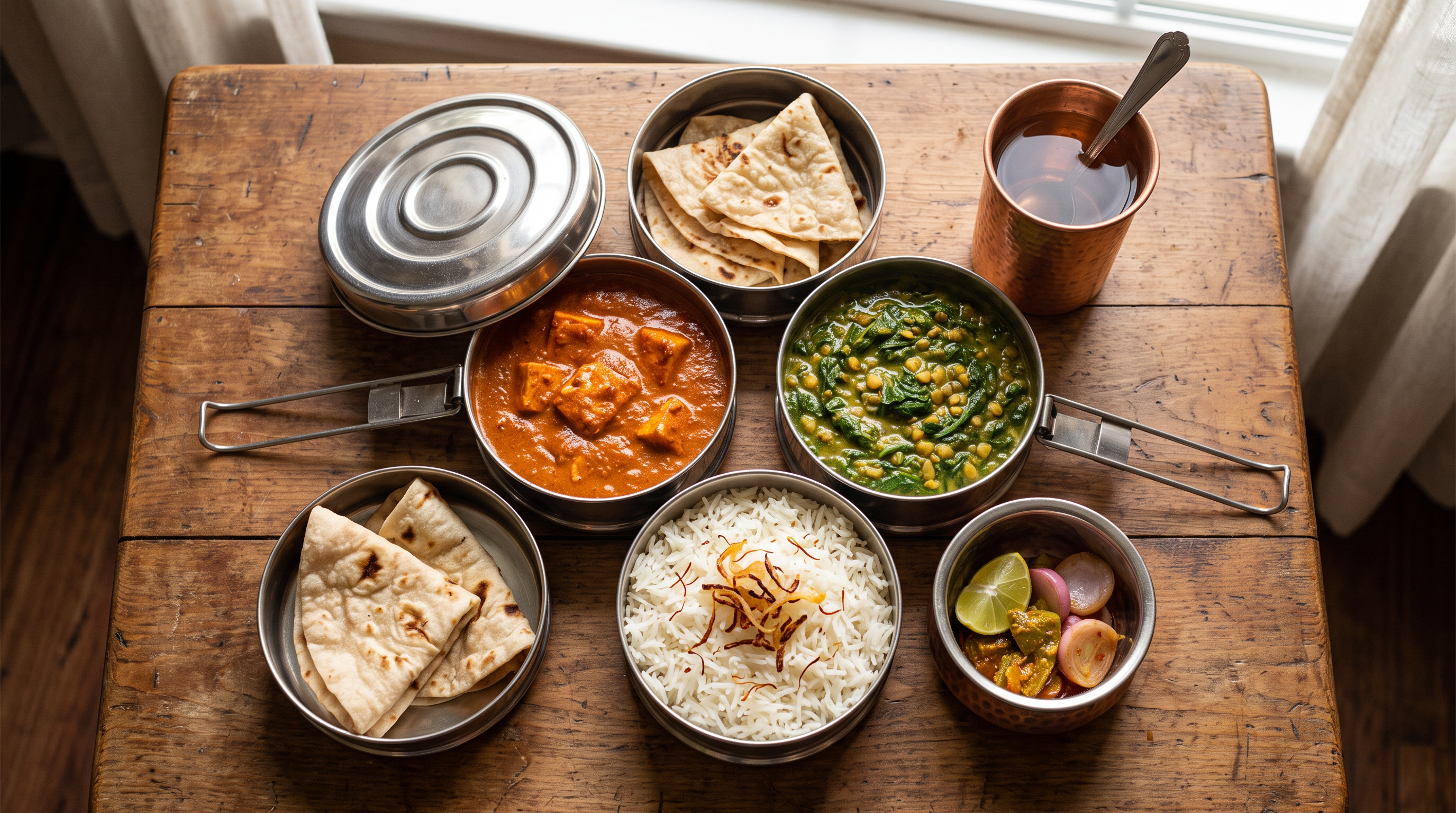 Indian tiffin meal served on a rustic wooden table