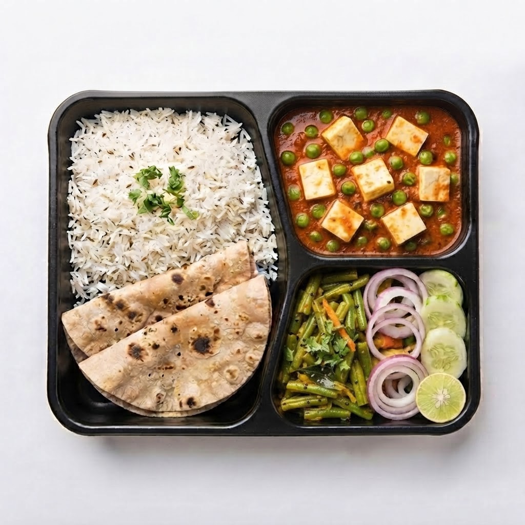 Daily tiffin meal in a 3-compartment box with jeera rice, roti, matar paneer and sabzi