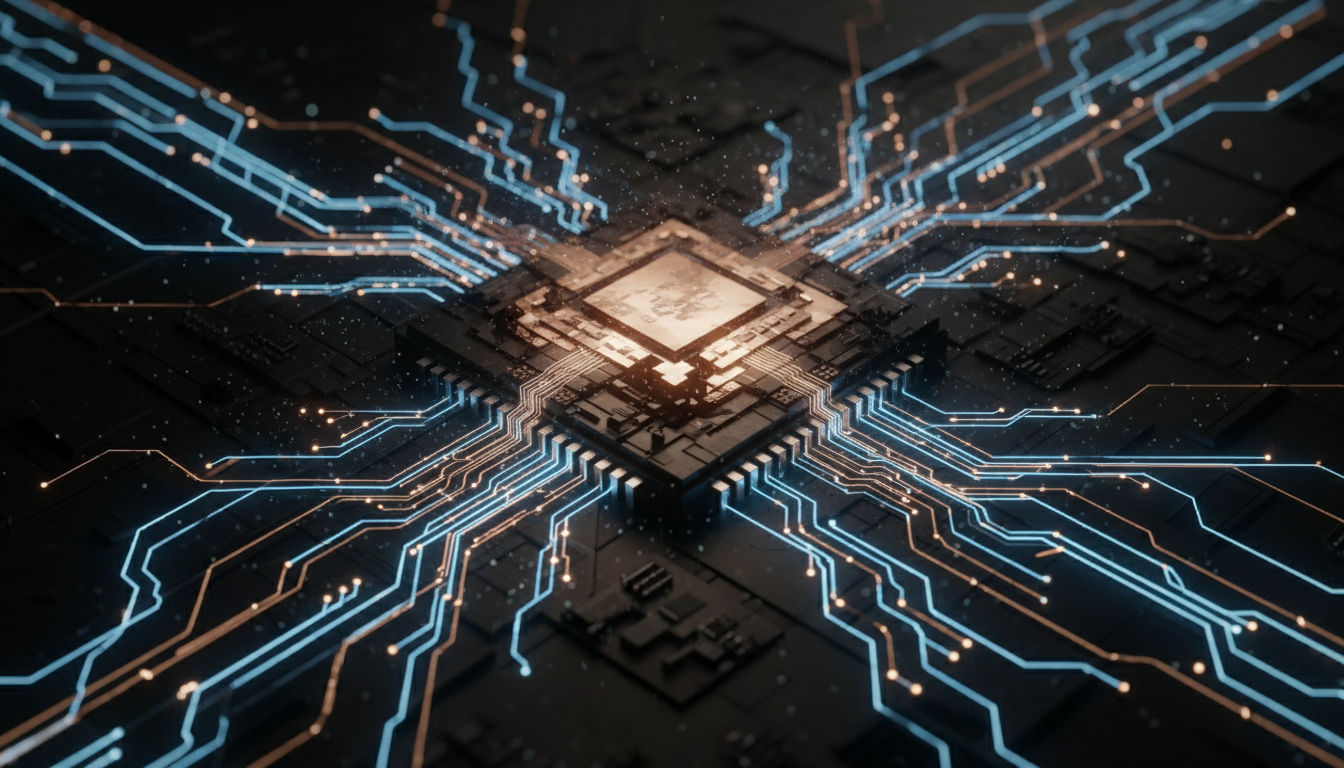 High-tech AI processor core representing artificial intelligence mastery