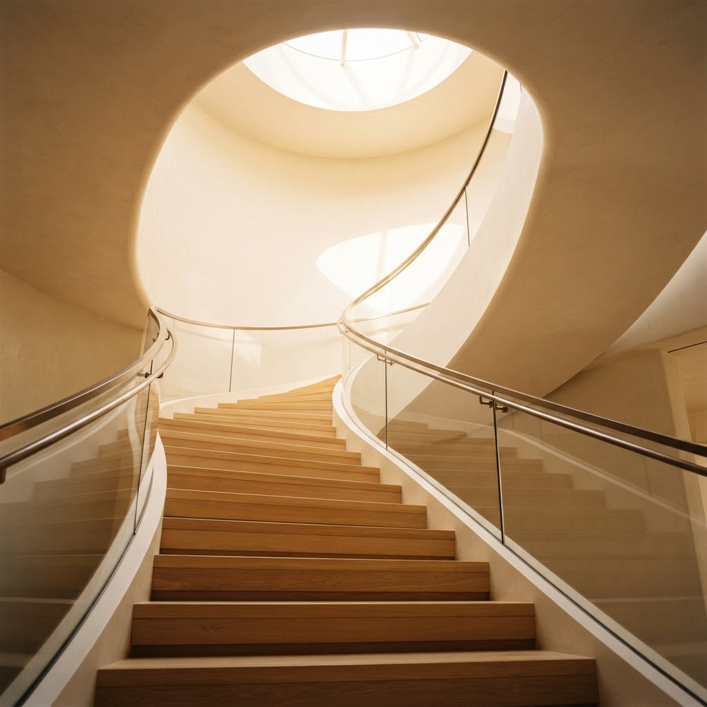 Ascending staircase in warm light — career direction and growth