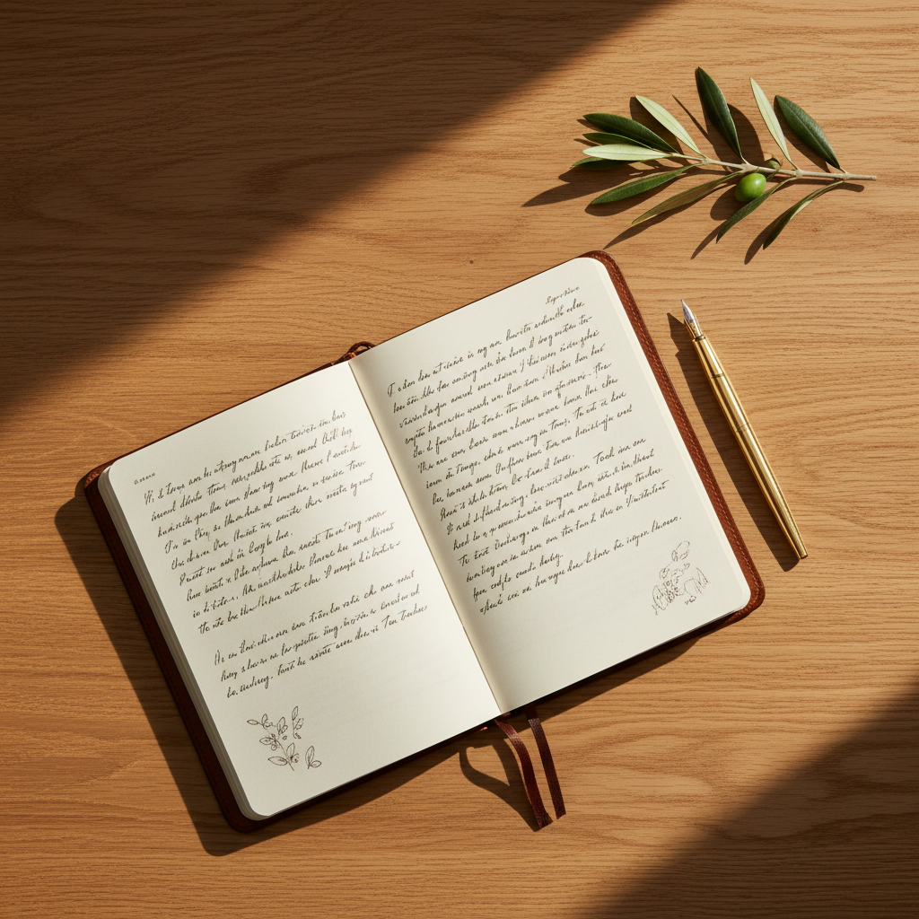 Premium leather journal and gold pen on a warm natural wood desk