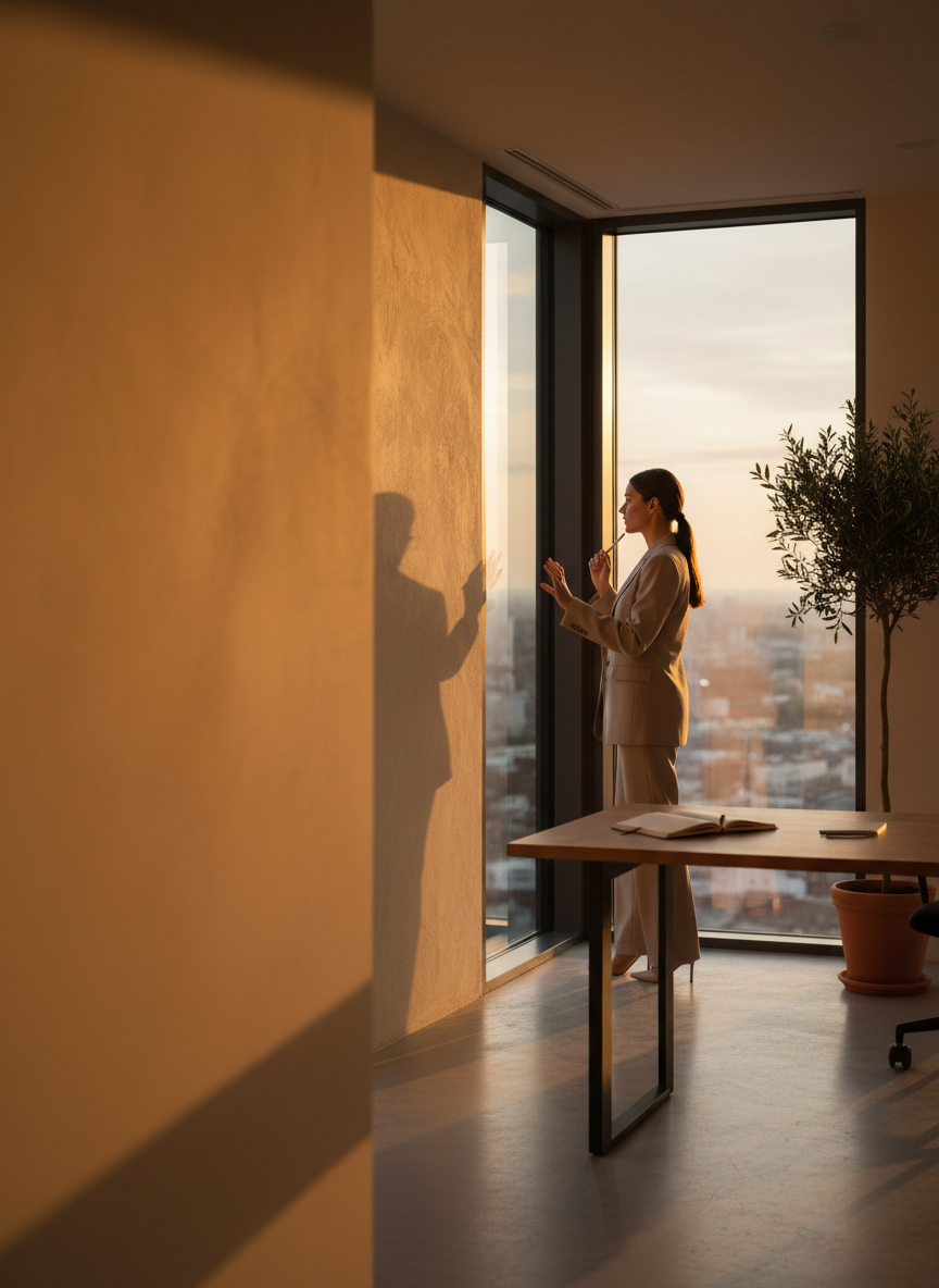 Professional in a moment of calm, purposeful reflection by a sunlit window