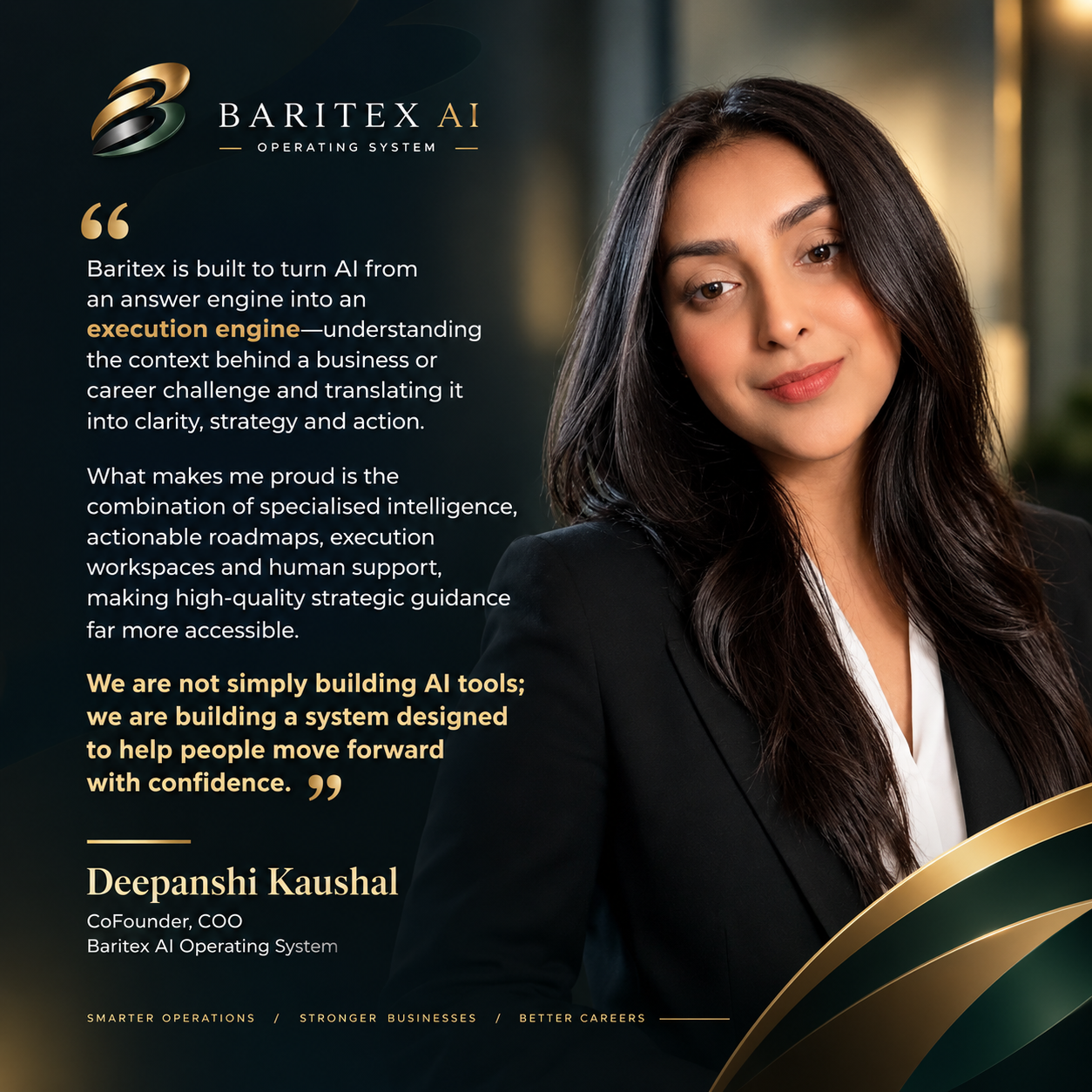 Quote card from Deepanshi Kaushal, CoFounder and COO of Baritex AI Operating System