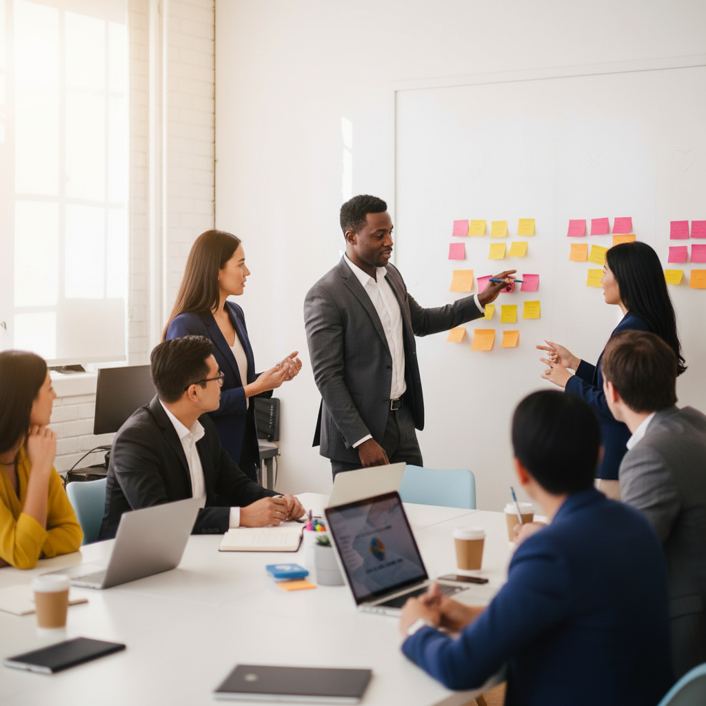 Professionals collaborating around a strategy board