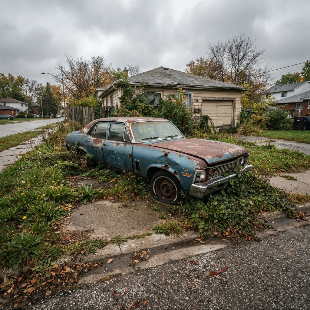 Old junk car in driveway before removal