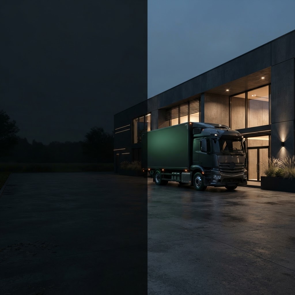 Visualisierung: dunkler LKW vor moderner Architektur mit warmer Beleuchtung