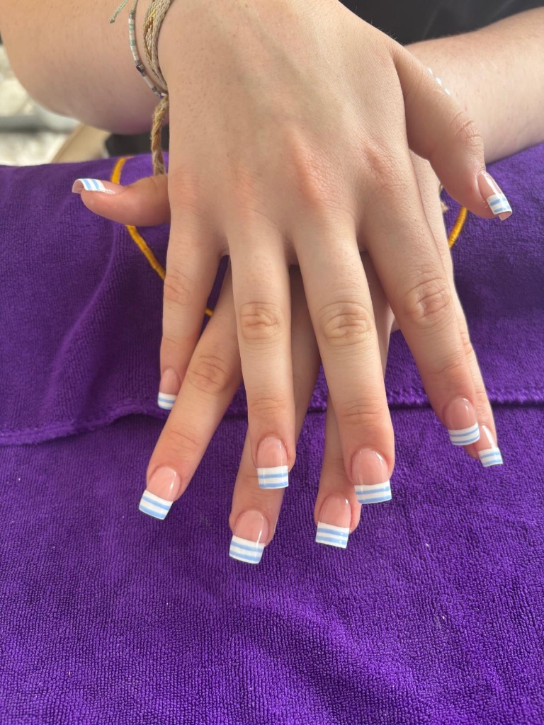 French tip nails with blue stripes