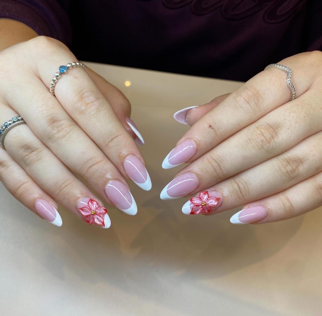 French tip nails with floral art