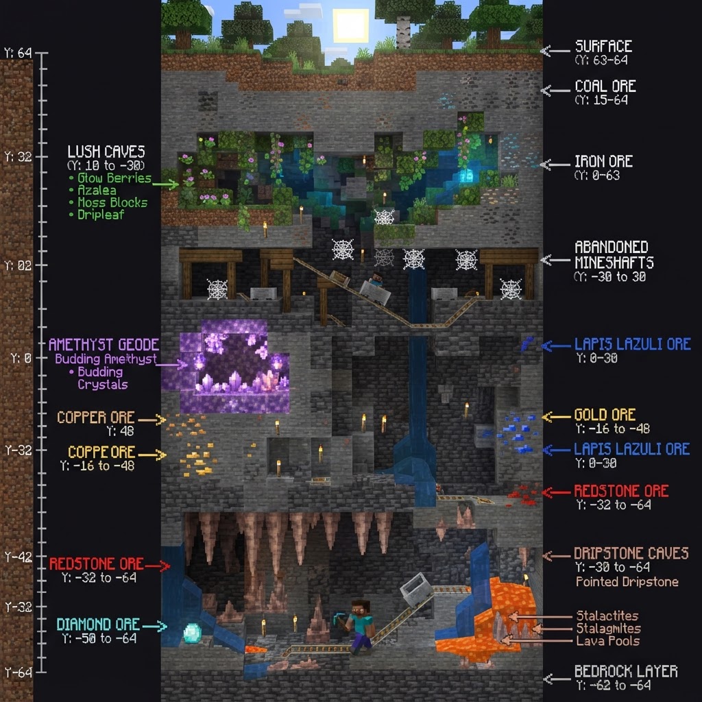 Cross-section cave map showing the multi-layer cave system with annotated Y-levels and key resource locations
