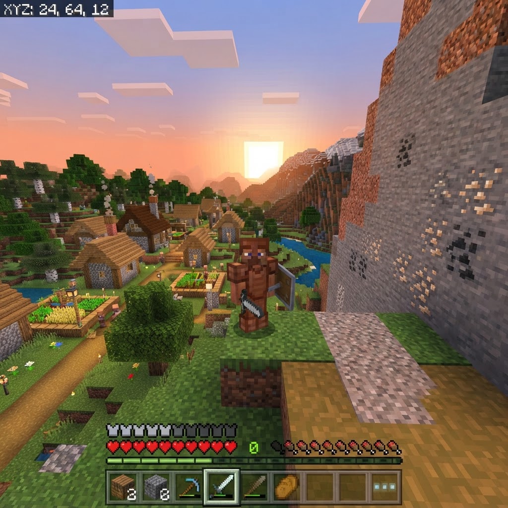 Screenshot of the Hardcore survival seed spawn point with surface iron ore and village rooftops visible in the background