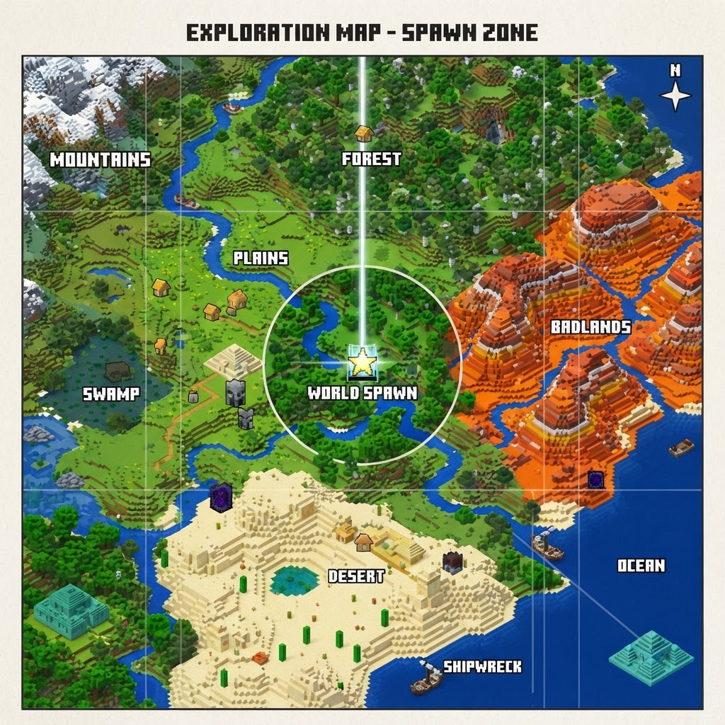 Overhead map view showing spawn point surrounded by multiple biomes, villages, and structure markers within 500 blocks