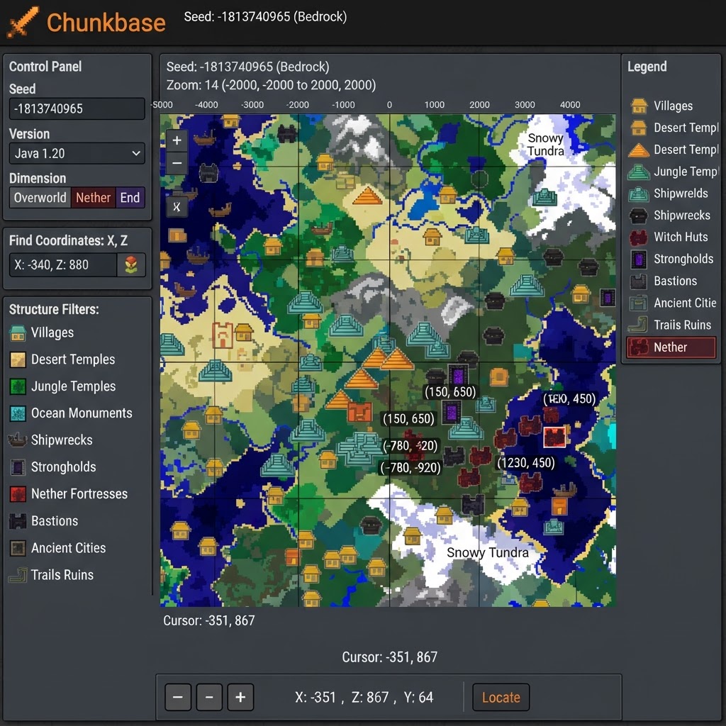 Screenshot of Chunkbase seed map interface showing biome overlay, structure icons, and coordinate search for seed -1813740965