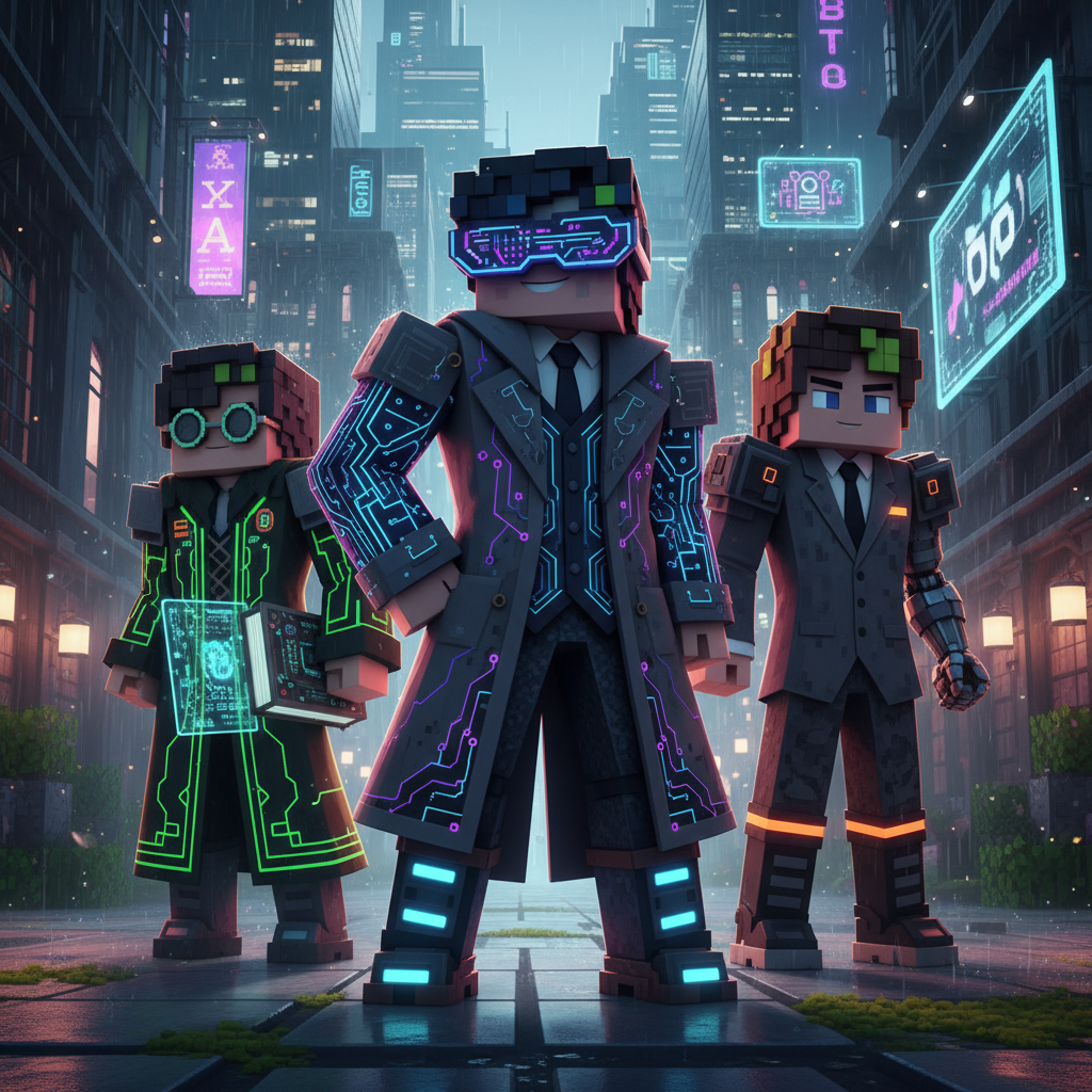 Group of modern, trendy Minecraft character skins in cyberpunk and dark academia styles