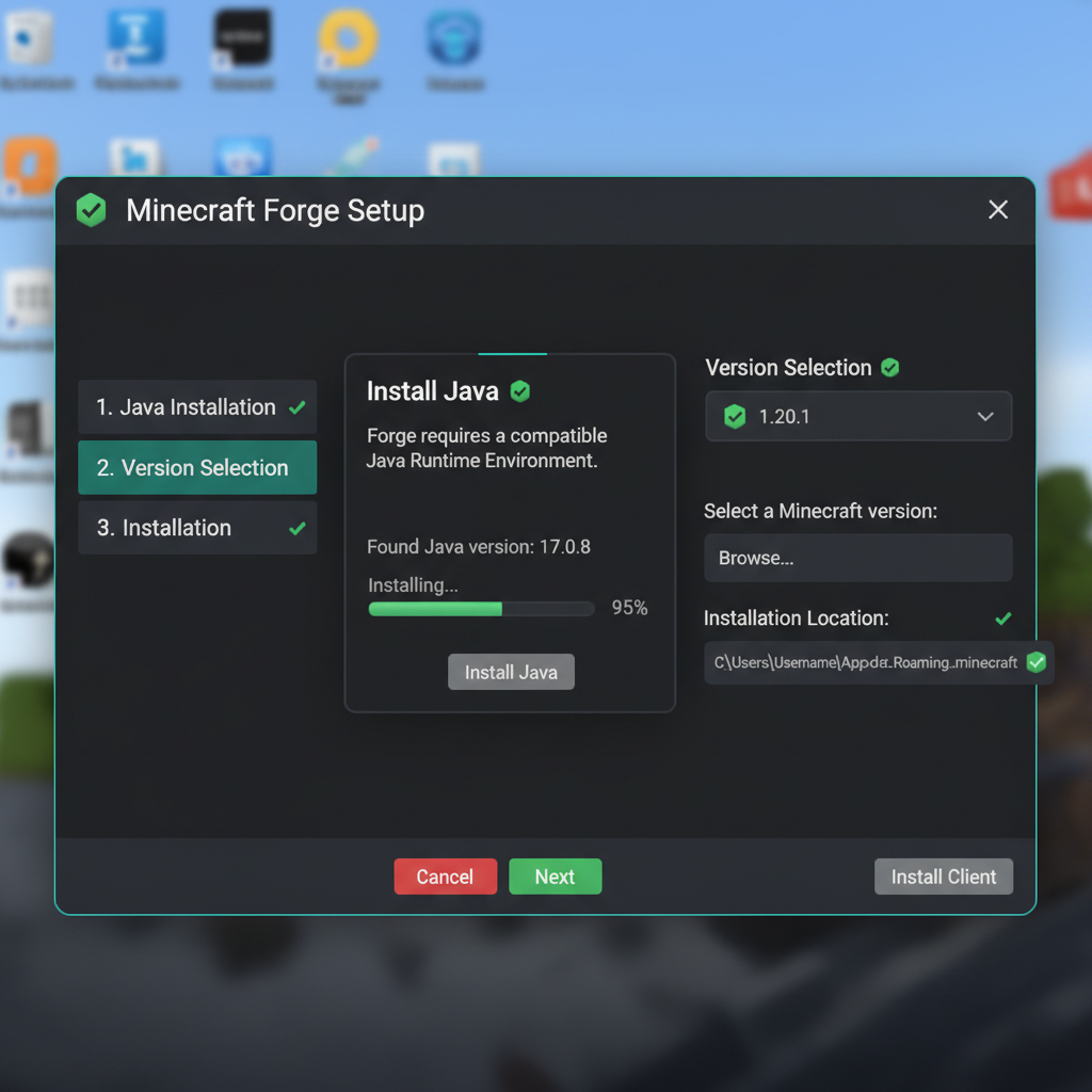 Minecraft Forge installer window with setup wizard and Java configuration