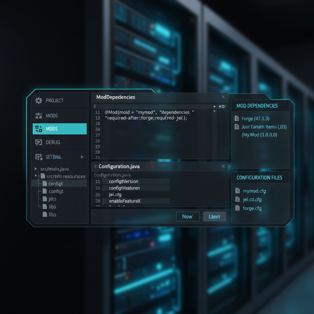 Minecraft Forge mod loader interface with Java code editor and dependency configuration