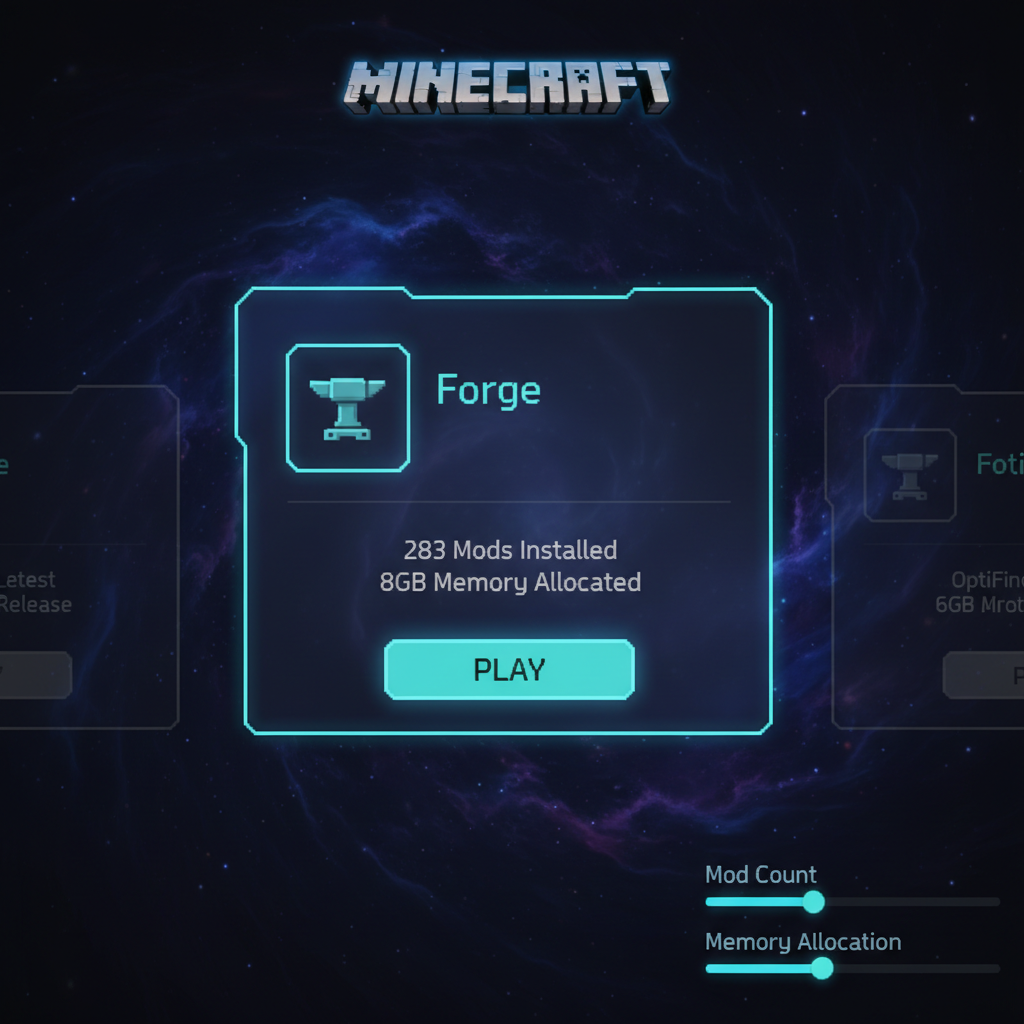 Minecraft launcher profile selection with Forge enabled and memory settings