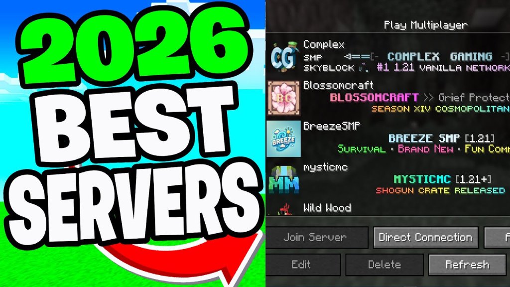 2026 Best Minecraft Servers thumbnail showcasing a server list featuring Complex Gaming, Blossomcraft, Breeze SMP, and MysticMC