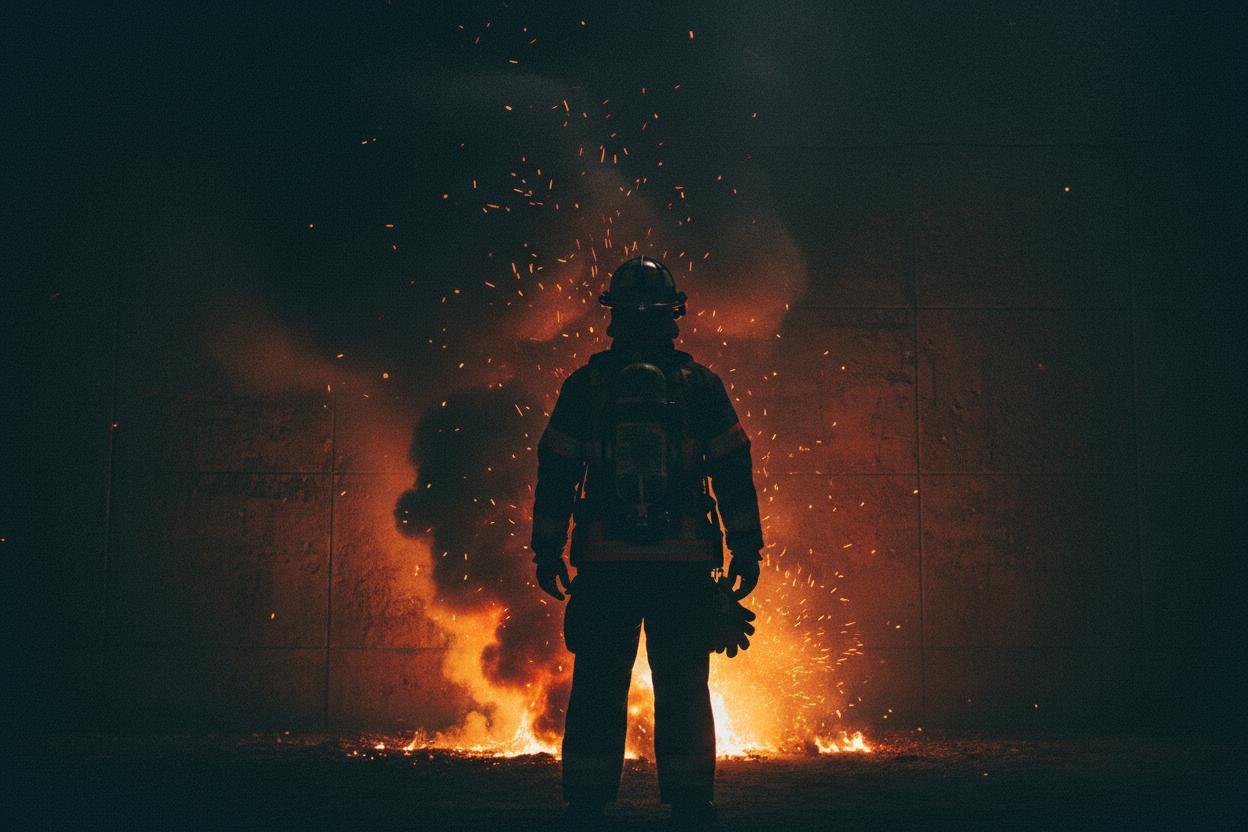 Firefighter in silhouette against ember glow