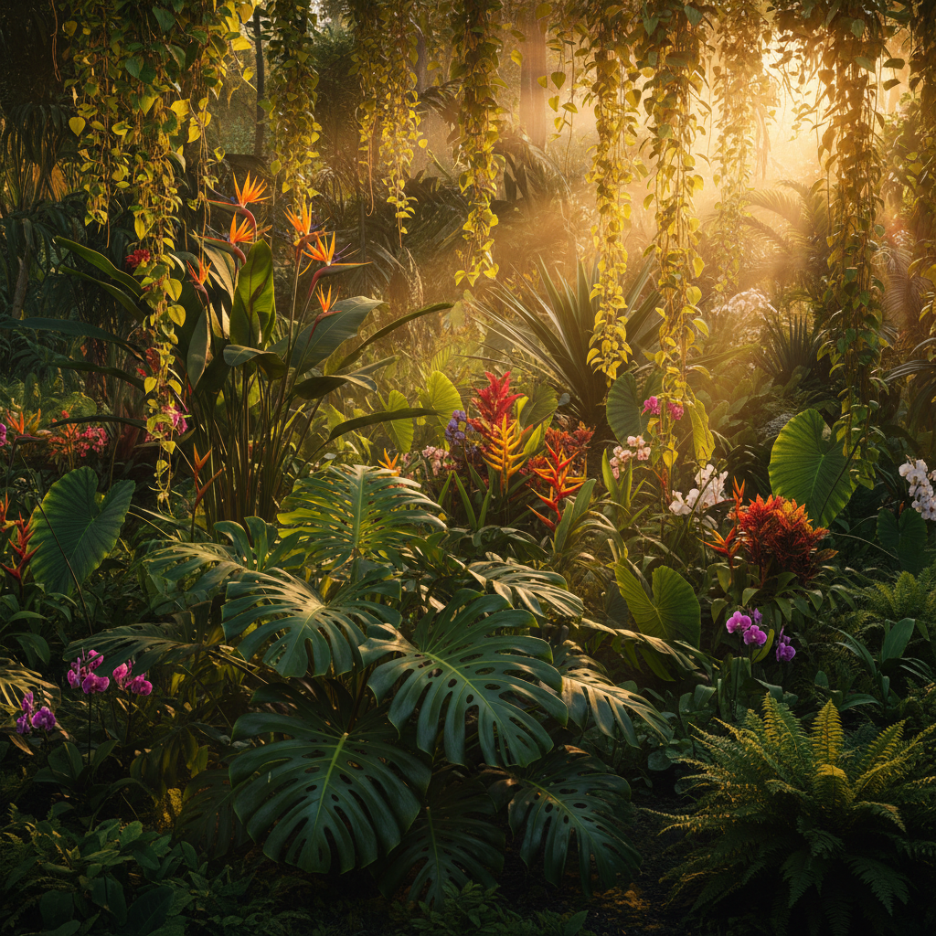 Sun-drenched herbal garden at golden hour