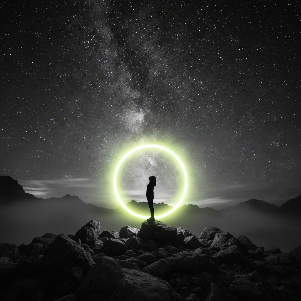 Silhouette of a figure standing before a vast glowing green orb in a starry night sky