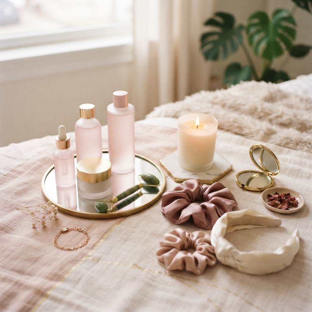 Pink skincare bottles, jade roller, and a candle in soft feminine lighting