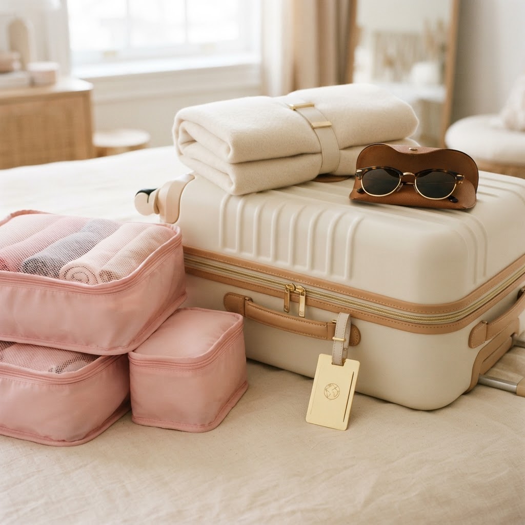 Cream suitcase with pink packing cubes and gold travel accessories