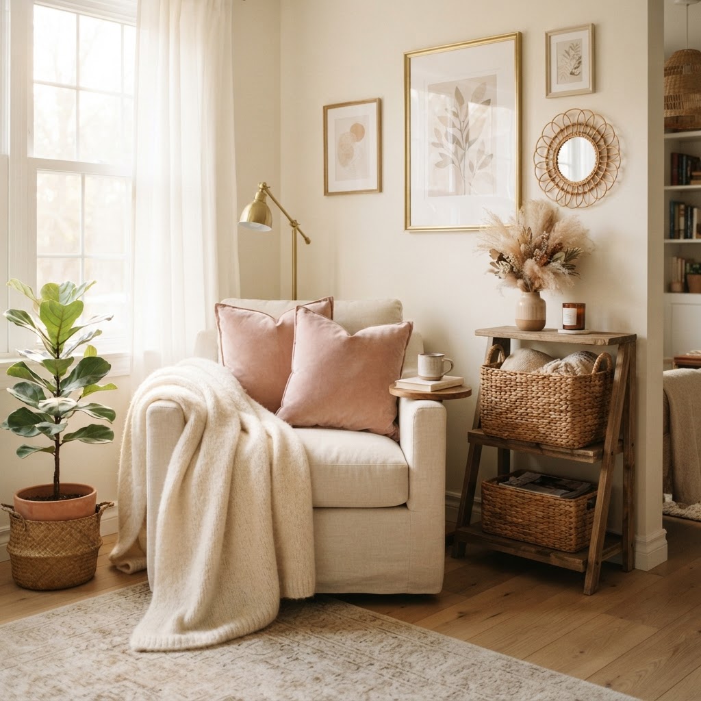 Cozy home corner with cream throw blanket, pillows, and gold accents