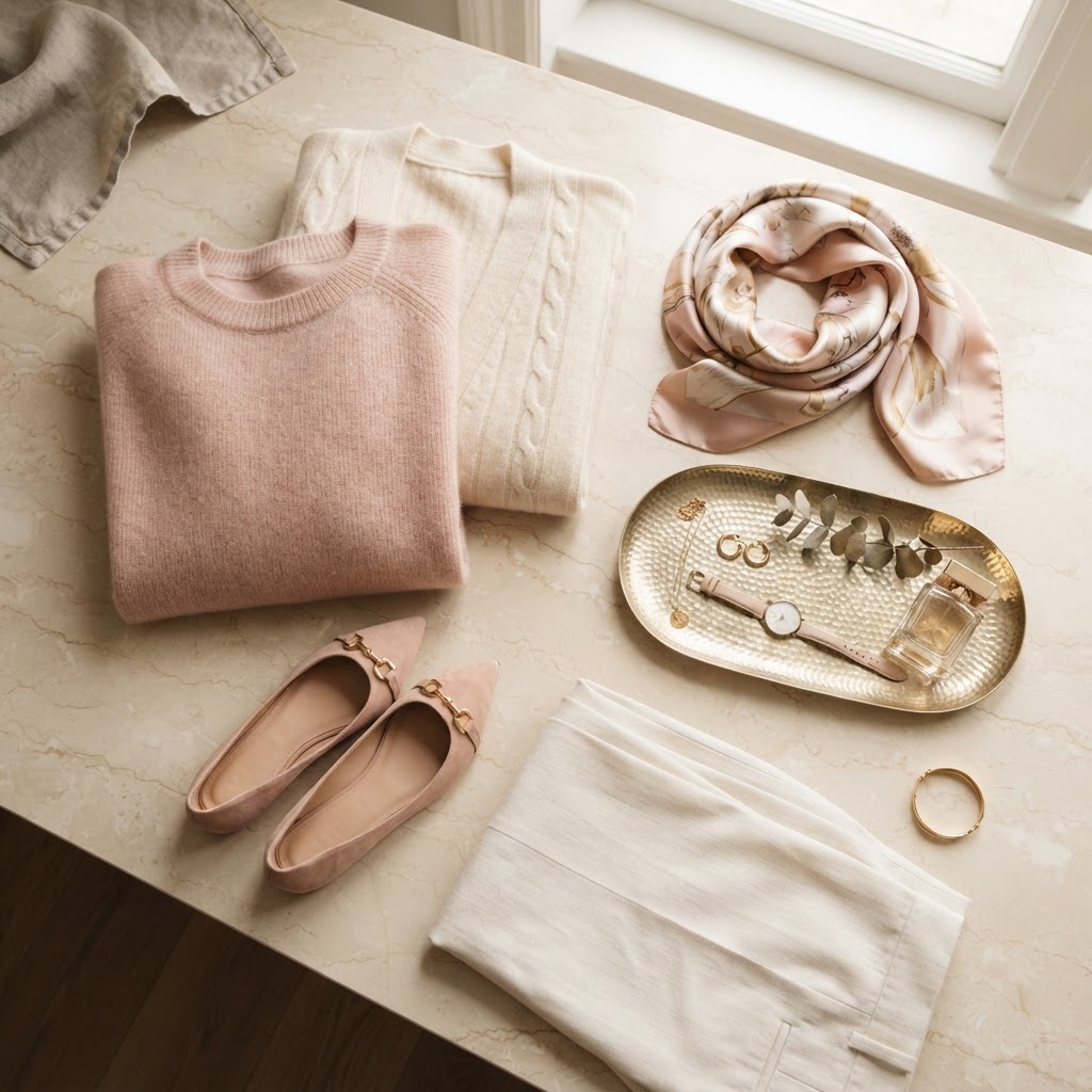 Blush pink and cream fashion flat-lay with folded clothing, shoes, and gold accents