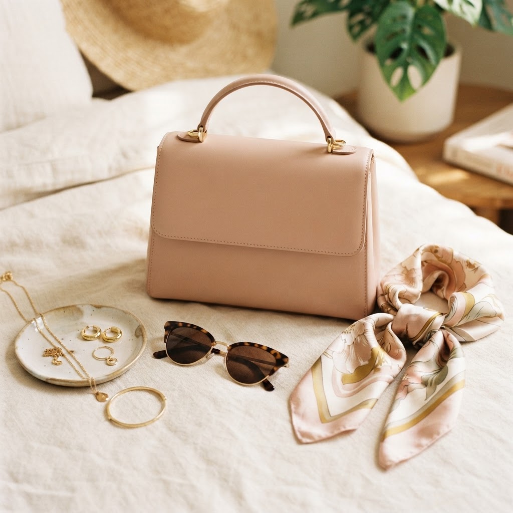 Pink handbag, gold jewelry, and sunglasses arranged on a cream surface