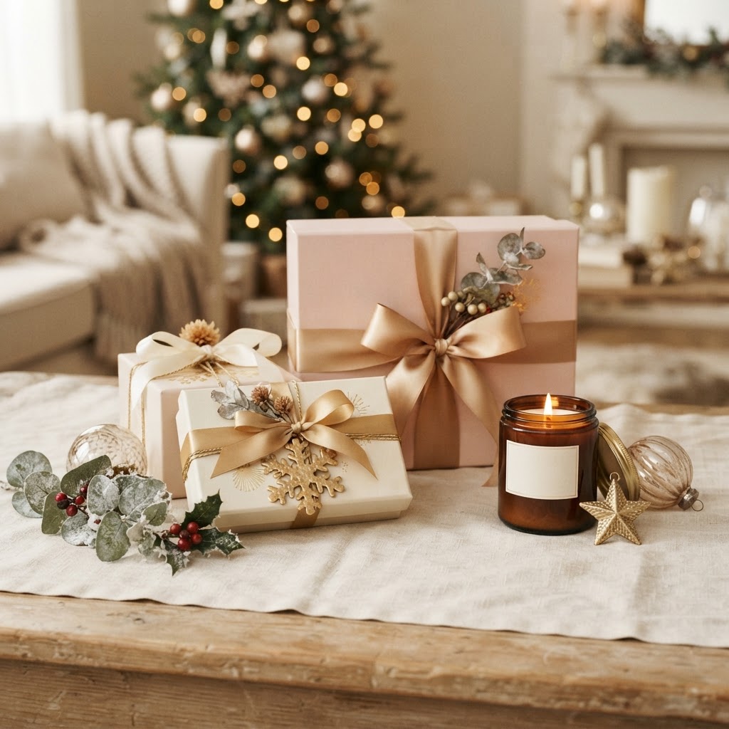 Blush pink and cream gift boxes with gold ribbon and a cozy candle