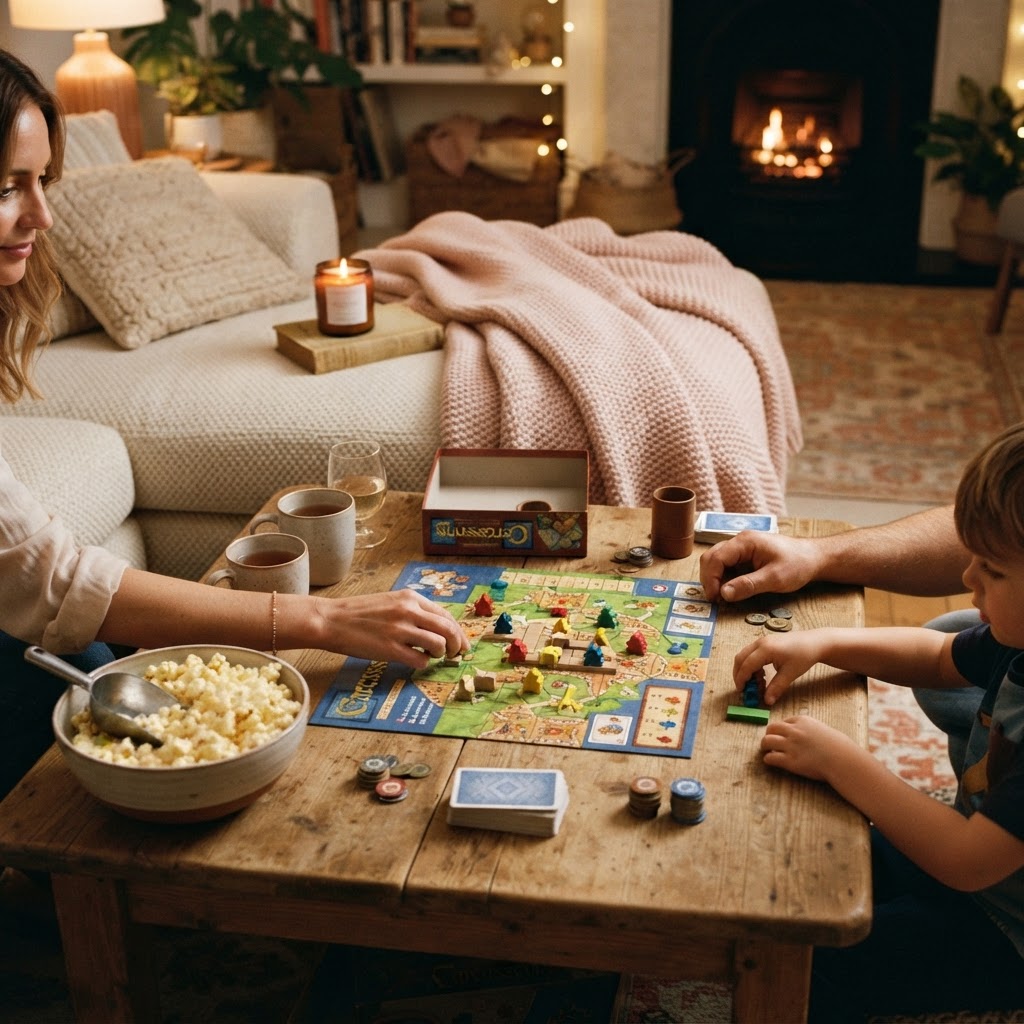 Cozy family game night setup with game pieces, cards, and popcorn
