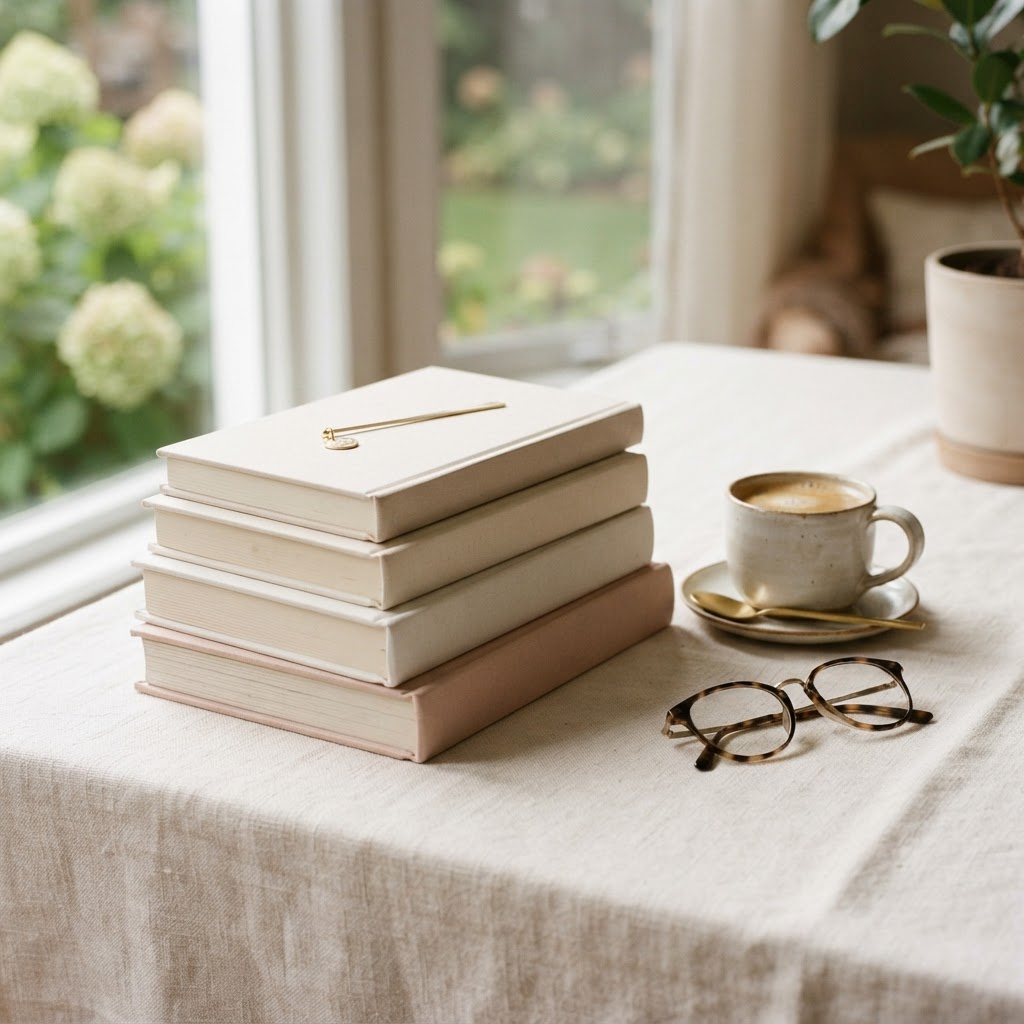 Stack of pink and cream books beside coffee and a gold bookmark