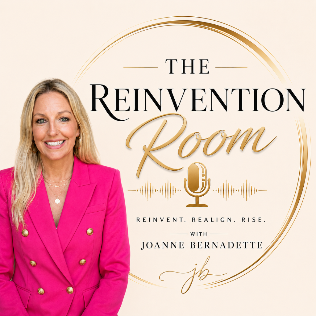 The Reinvention Room podcast artwork featuring Joanne Bernadette in a magenta blazer with gold microphone and the title Reinvention Room