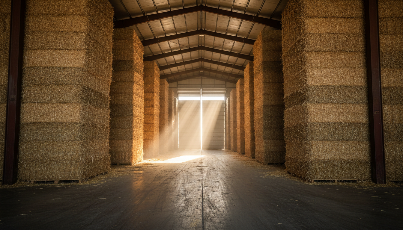 Industrial hay storage shed with neatly stacked bales