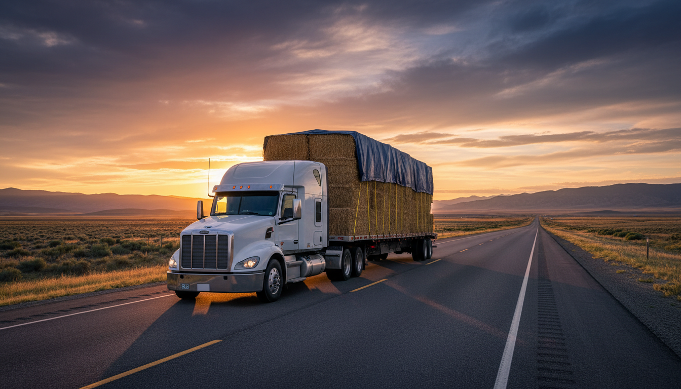 Semi-truck transporting hay bales on a rural highway