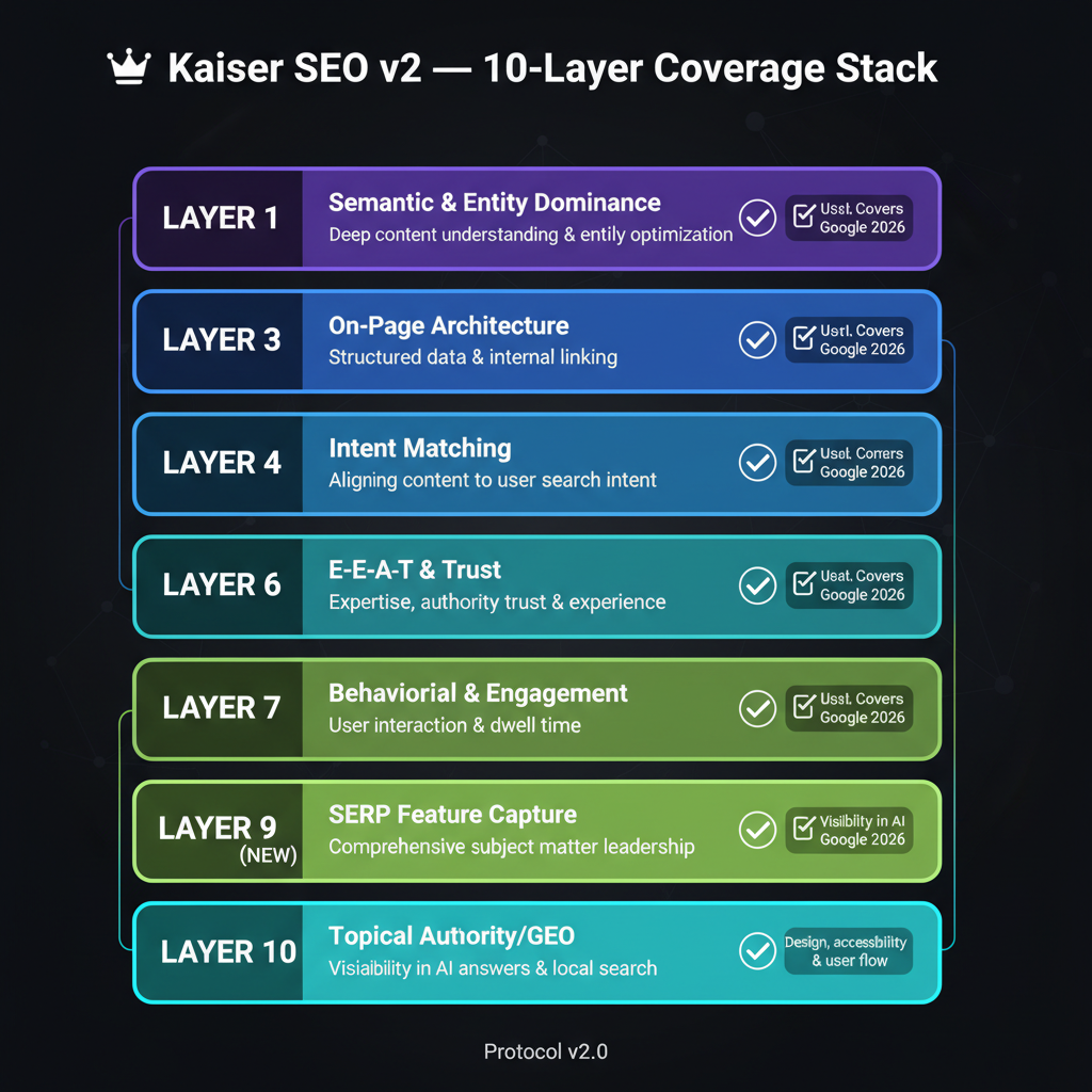 Kaiser SEO v2 10-layer stack overview