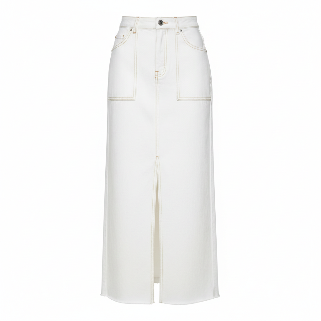 Womens White Long Denim Skirt with Slit Streetwear