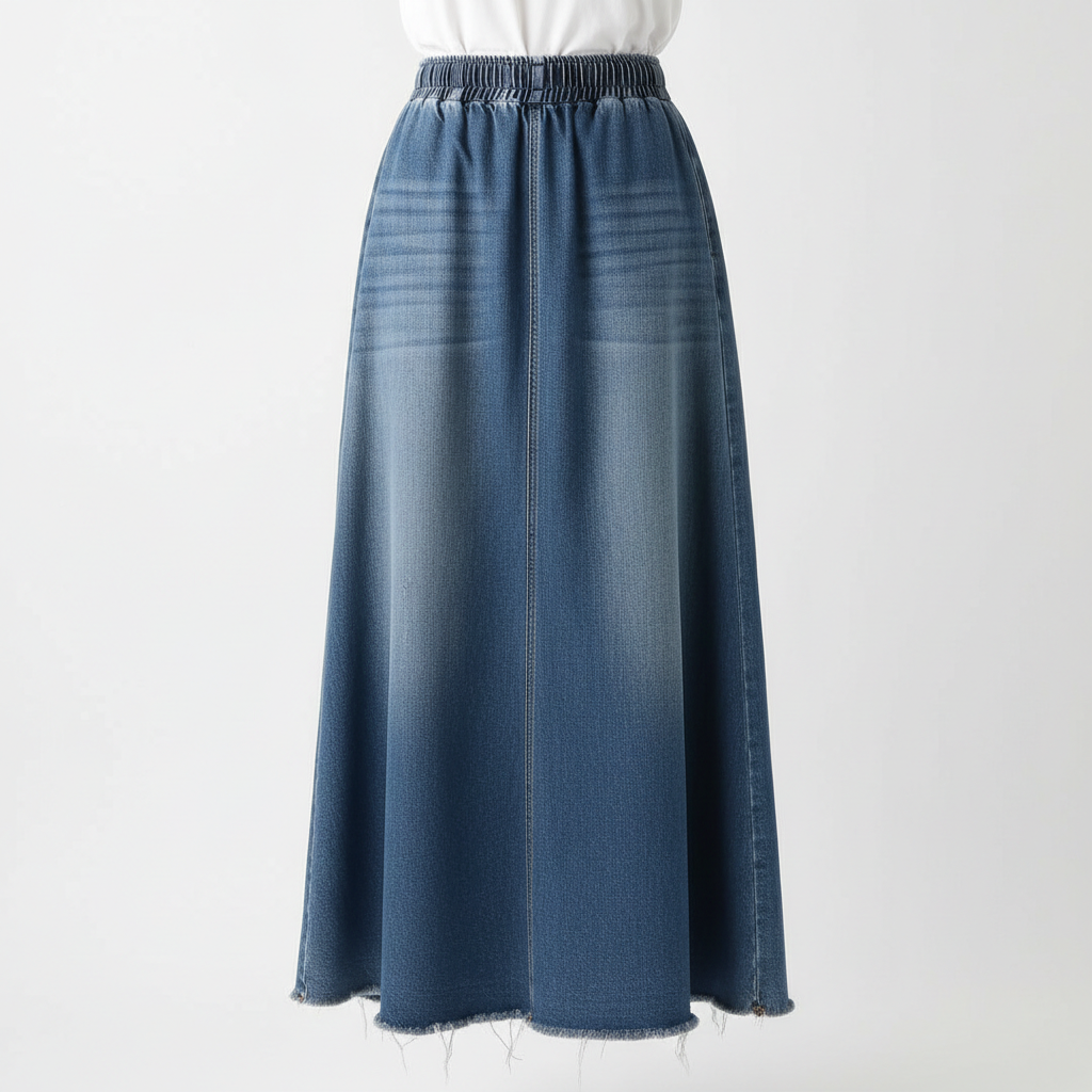 CHARTOU Retro Elastic Frayed A-Line Maxi Denim Skirt