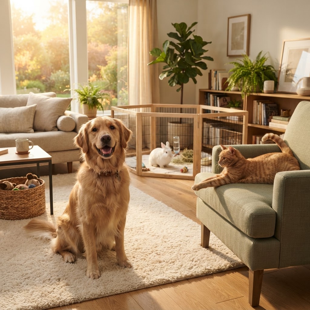 Happy dogs, cats, and rabbits in a warm home environment
