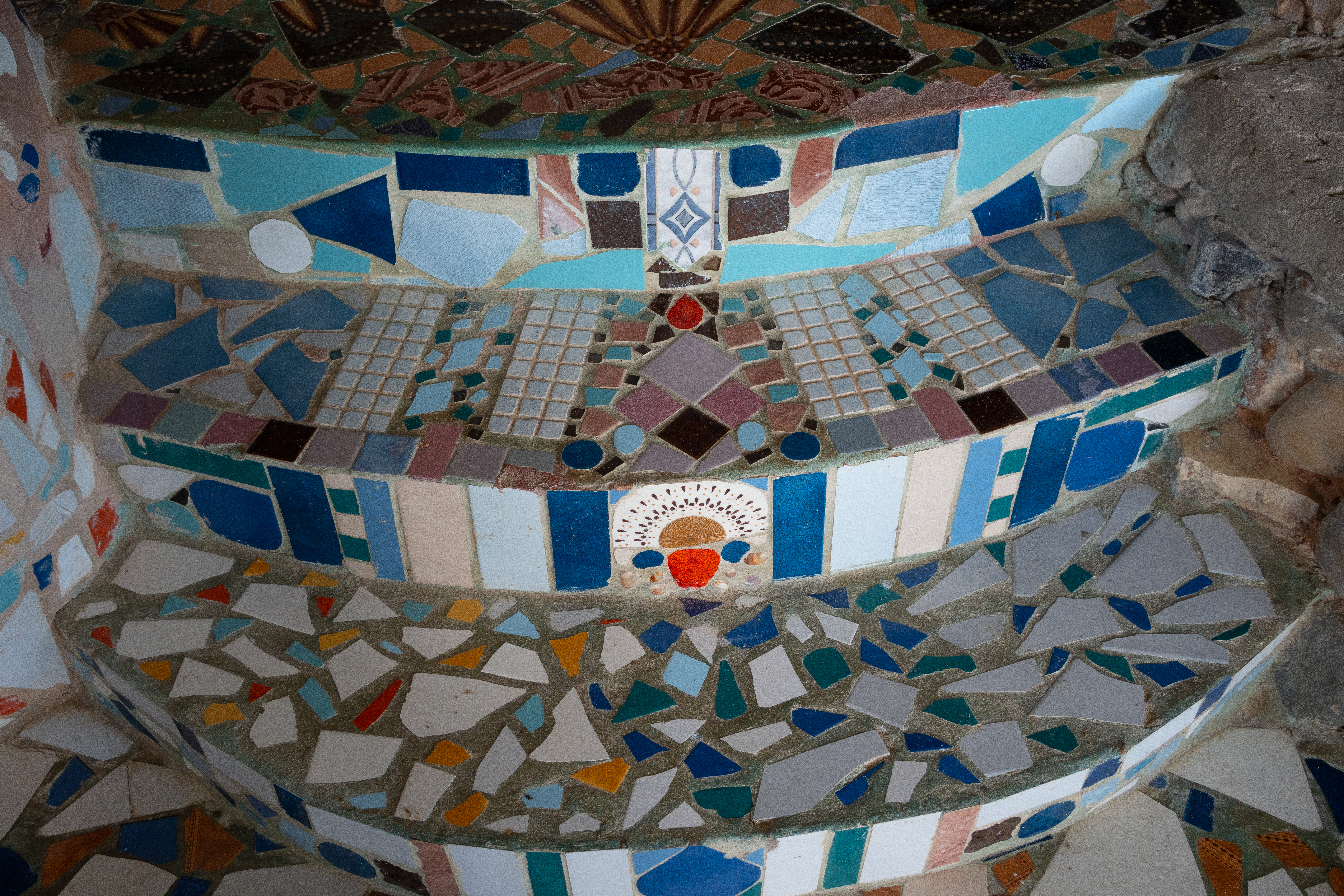 Intricate mosaic details inside the Shell House