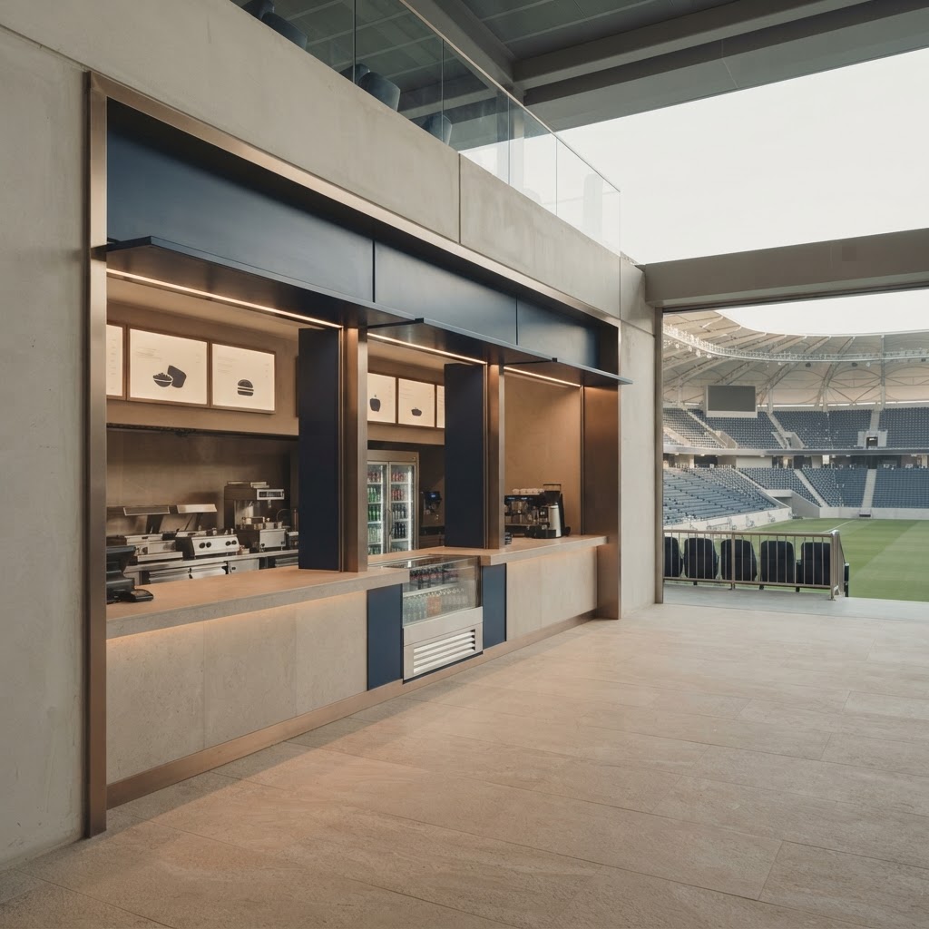 Illustrative AI-generated stadium concession concept view — Stadium F&B Strategy