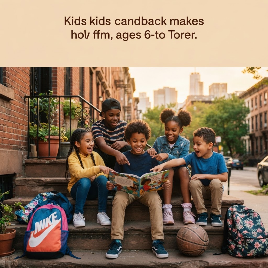 City kids reading a picture book together on the steps of a row house at golden hour