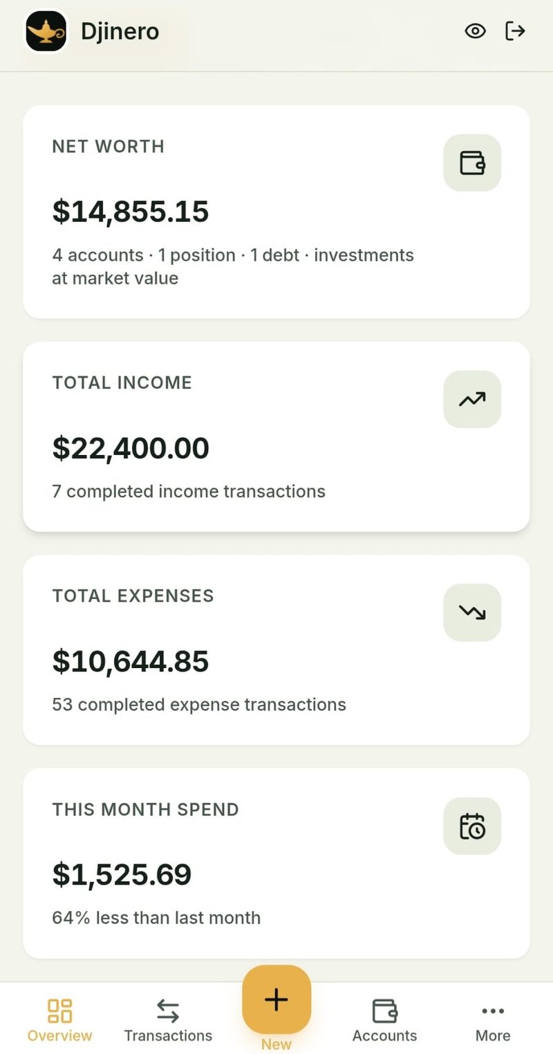 Djinero net worth tracker on a phone: the Overview screen showing Net Worth $14,855.15 across 4 accounts, 1 position and 1 debt at market value. Total Income $22,400.00 from 7 completed income transactions. Total Expenses $10,644.85 from 53 completed expense transactions. This Month Spend $1,525.69, 64 percent less than last month.