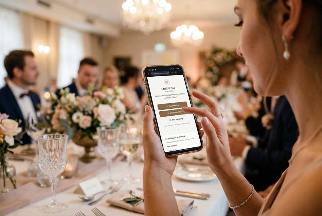 Gasten scannen de code en uploaden foto's en video's vanaf hun gsm