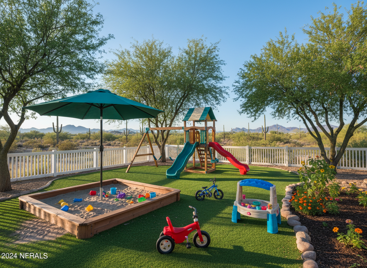 Outdoor play area with safe equipment and green space