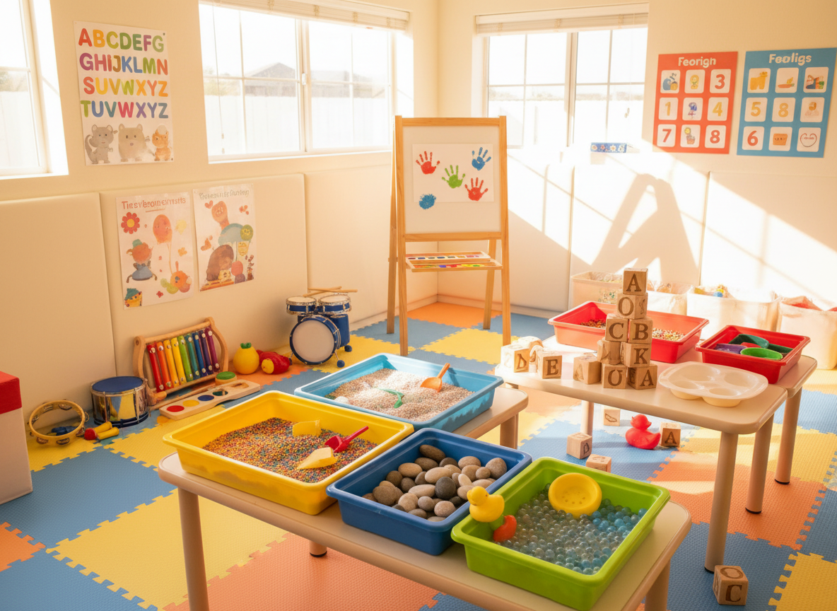 Bright learning activity area with sensory bins and educational materials