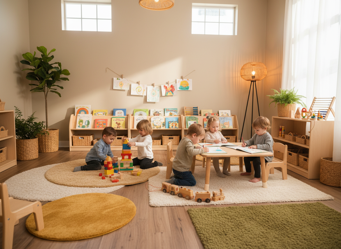 Nurturing childcare environment with educational toys and warm lighting