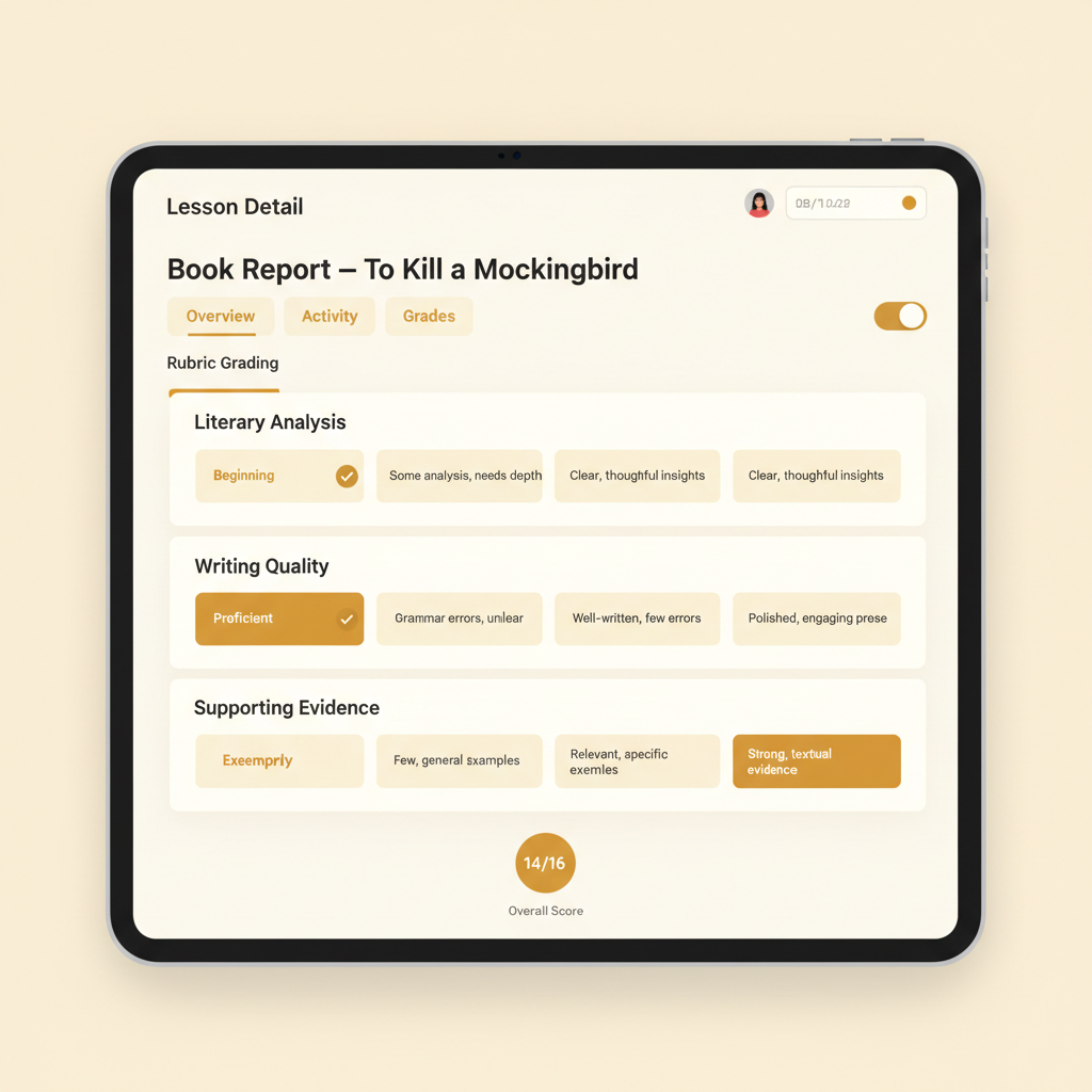 Book report grading panel with rubric showing criteria for analysis, writing, and citation