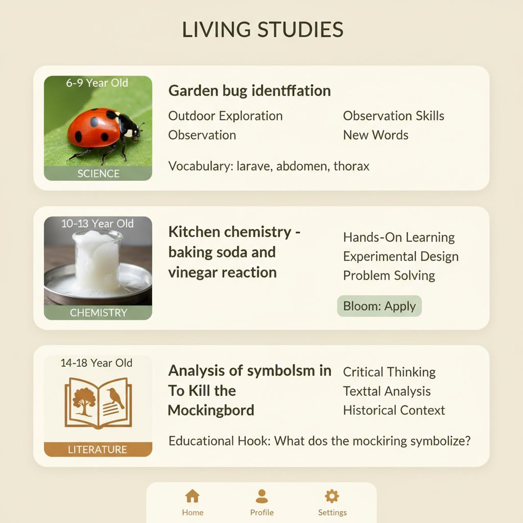Living Studies course showing caught moments feed across age bands and subjects
