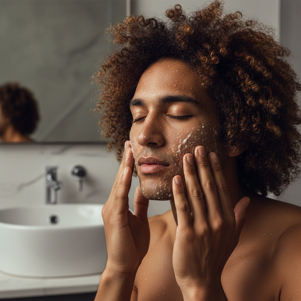 Man at mirror using natural grooming products